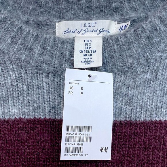 H&M L.o.g.g. Womens Sweater Small Gray Maroon Varsity Stripe NWT Acrylic Blend - Picture 3 of 8
